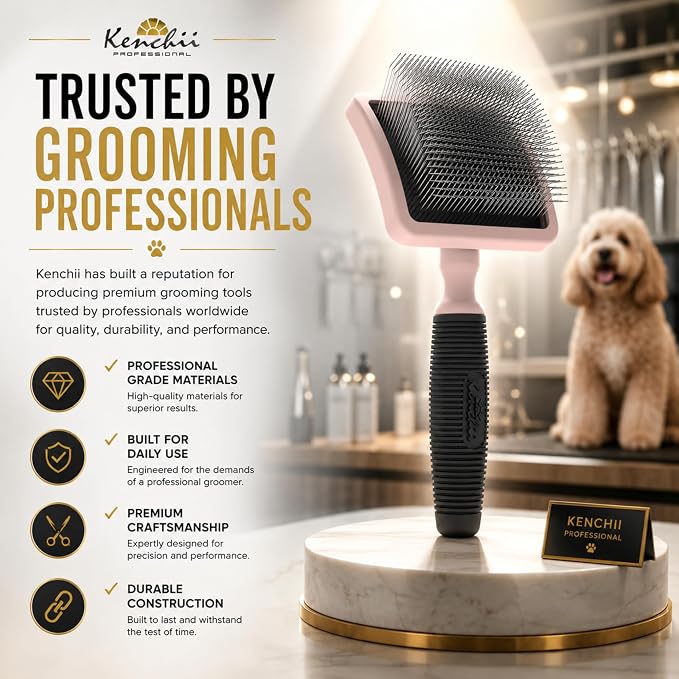 Kenchii Long Pin Slicker Brush for Dogs (Poodles, Doodles, Goldendoodles, Labradoodles), Professional Grooming Brush for Detangling, Fluffing & Dematting, Non-Slip Comfort Handle