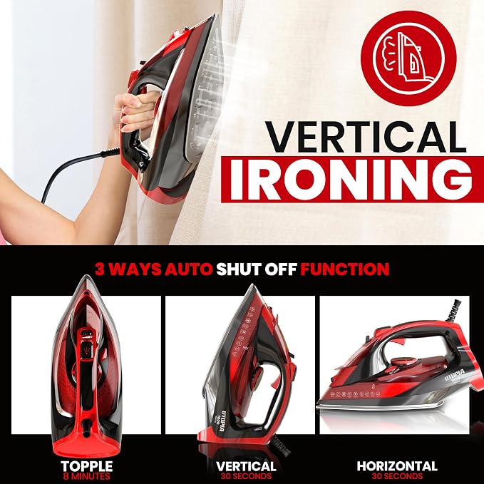 Utopia Home Steam Clothes Iron - 1800W (Black Red) Non-Stick Soleplate | Nonstick Soleplate With Auto-Off Safety Feature - Adjustable Thermostat Control, Variable Steam Control, Self-Clean, 8ft Cord