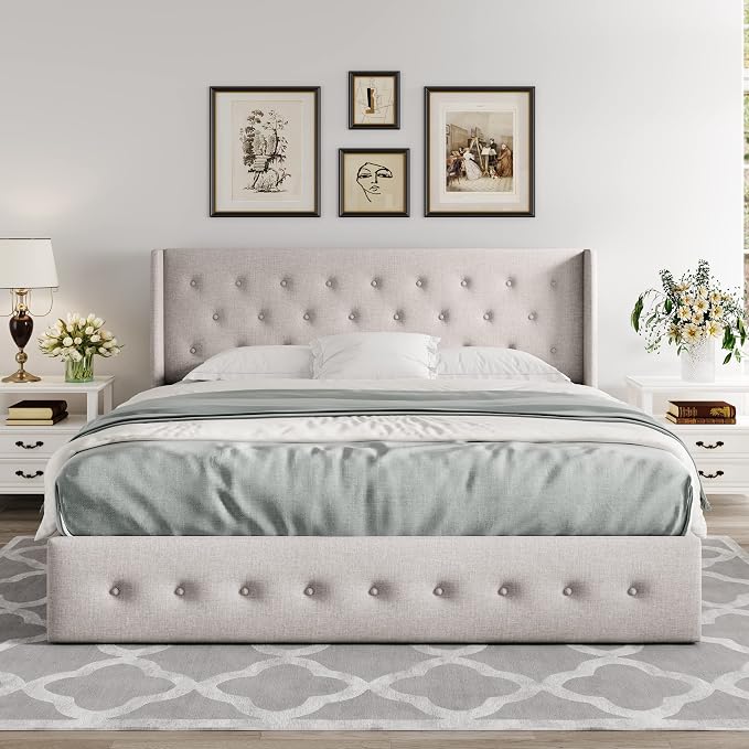 Allewie Queen Size Lift Up Storage Button-Tufted Bed Frame Light Beige | Modern Wingback Headboard, Hydraulic Support Storage, No Box Spring Needed