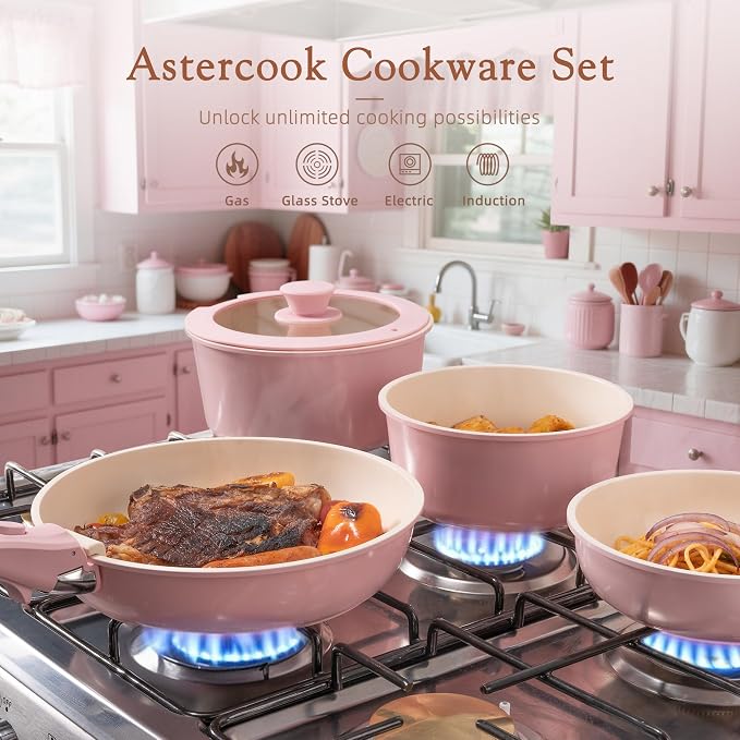 Astercook 23 Pcs Pots and Pans Set Non Stick, Ceramic Cookware Set Detachable Handle, RV Kitchen Cooking Set Removable Handles, Oven Safe, Induction Ready, Stackable, Pink, Mothers Day Gifts