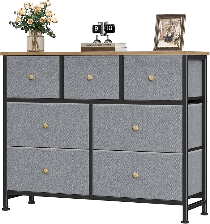 OLIXIS 7 Drawer Dresser for Bedroom, Tall Fabric Storage Tower with Sturdy Steel Frame and Wooden Top, Large Dresser for Living Room Entryway with Easy Pull Fabric Bins, Gray Blue