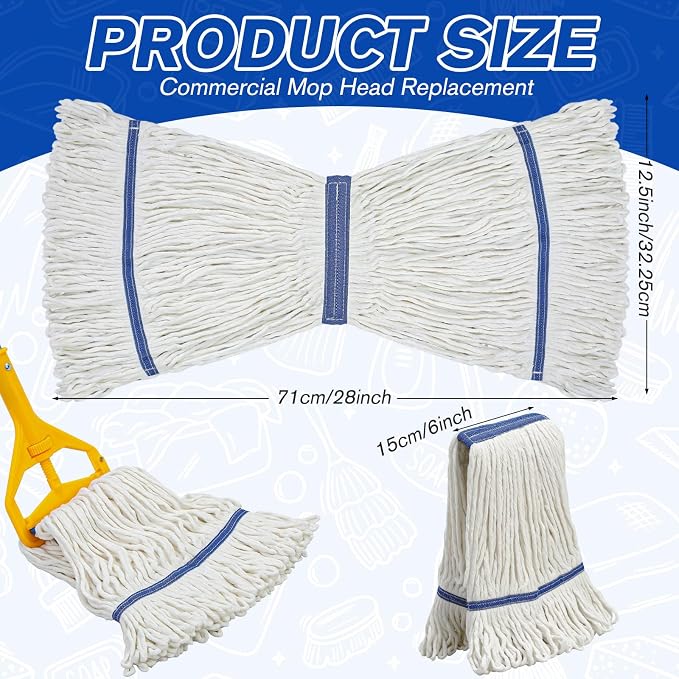 Eccliy 3 Pack Commercial Mop Heads Replacement Heavy Duty 18 oz Loop End Cotton String Wet Mop Refills Washable Absorbent Reusable for Industrial Home Tile Wood Concrete Floor (White,Blue)