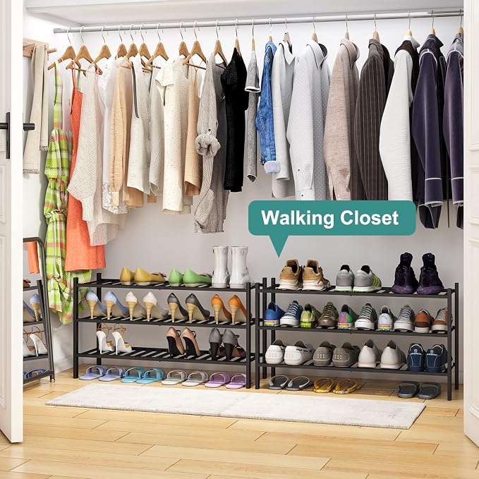 viewcare 3-Tier Long Black Shoe Rack, Bamboo Wood Shoe Rack for Closet, Entryway & Hallway, Stackable | Functional | Sturdy