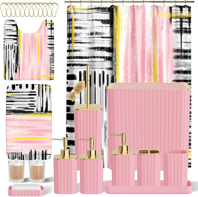 Bathroom Set - Bathroom Accessory Set, Pink Bathroom Set, 26PC Bathroom Sets with Shower Curtain and Rugs, Toilet Brush, Trash Can, Qtip Holder & Bathroom Soap Dispenser Set