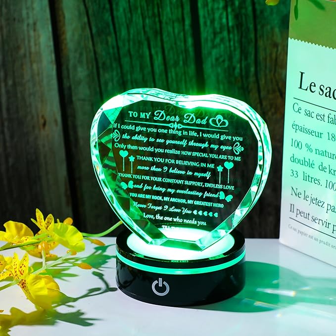 Arikyrist Dad Gifts with Colorful LED Base Meaningful Dad Birthday Gift from Daughter Son Crystal Heart to My Daddy Plaque Present for Father Who Wants Nothing on Fathers Day