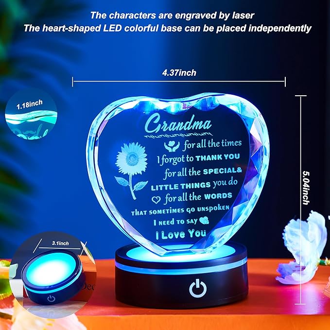 Gifts for Grandma with Colorful LED Base, Meaningful Heart Crystal Grandma Birthday Gifts, Great Gift Ideas for Grandmother on Mothers Day Thanksgiving from Granddaughter or Grandson