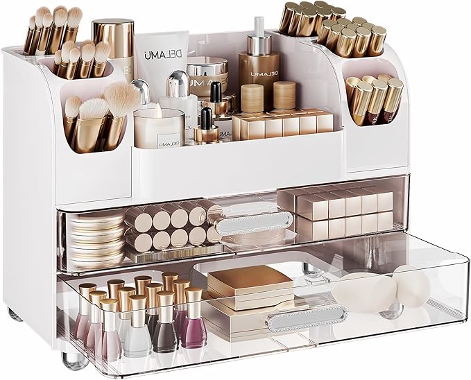 Delamu Large Makeup Organizer Countertop with 6 Brush Holders, Makeup Organizers for Vanity with 2 Large Drawers, Easy to Store Skincare, Lipsticks, Nail Polishes, Perfumes, Eyeshadow Palettes, White