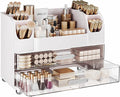Delamu Large Makeup Organizer Countertop with 6 Brush Holders, Makeup Organizers for Vanity with 2 Large Drawers, Easy to Store Skincare, Lipsticks, Nail Polishes, Perfumes, Eyeshadow Palettes, White