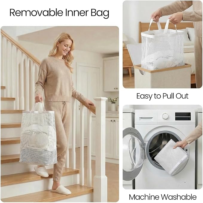 efluky Slim Laundry Basket with Lid, Narrow Laundry Hamper with Removable Bag, Skinny Dirty Clothes Basket with Bamboo Handles for Bathroom, Bedroom & Laundry Room, 75L Light Grey