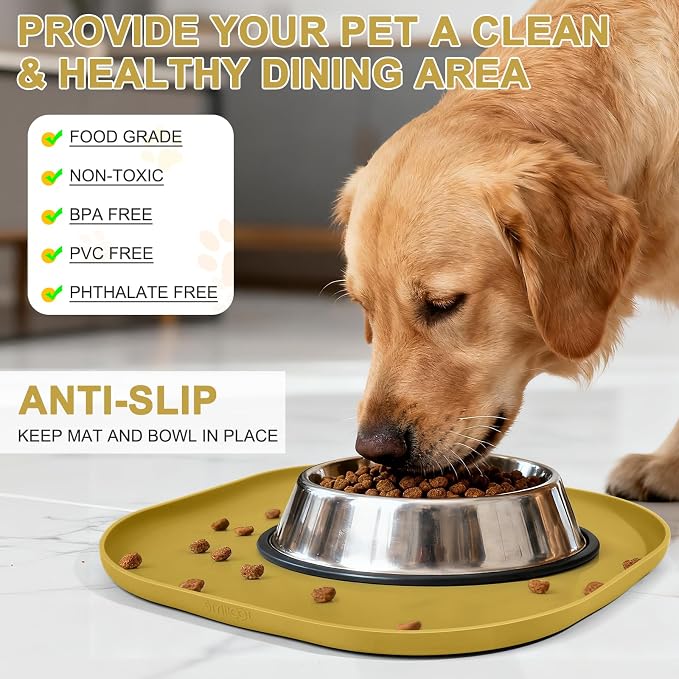 SMILOOL Waterproof Silicone Pet Food Mat with Raised Edge for Dog & Cat | 12" x 12" Non-Slip Small Pet Feeding Mats with Lip for Food & Water Bowl, Food Grade, Easy Cleaning, Honey