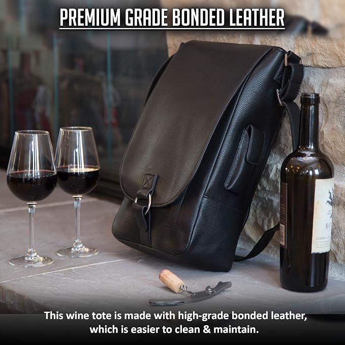 Vino2 Two Bottles Saddle Leather Wine Tote Messenger Carrier (Black)