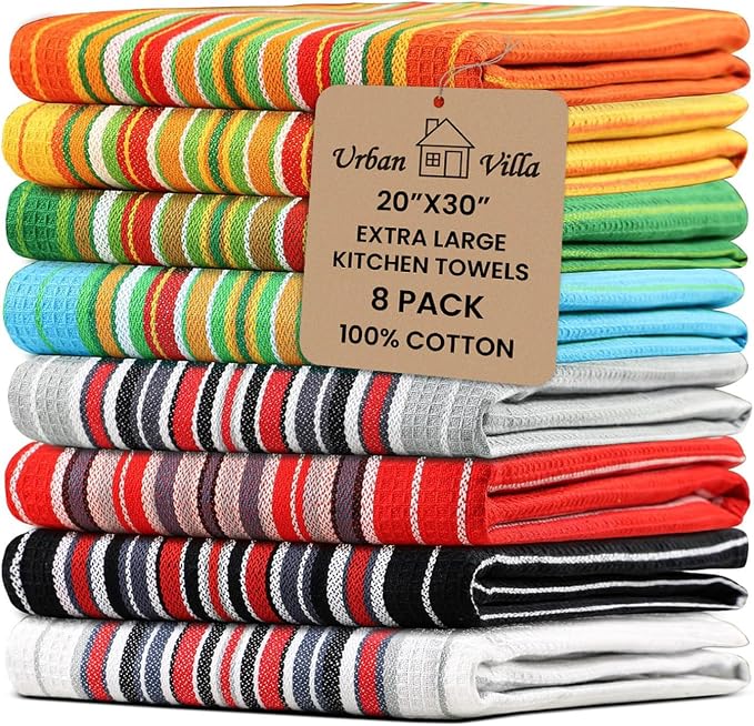 Urban Villa Kitchen Towels 100% Cotton Dish Towels for Kitchen(Set of 8)20”x30” Dish Cloths Highly Absorbent Kitchen Linen Set with Hanging Loop Perfect for Drying Dishes Cleaning Towels -Multicolor