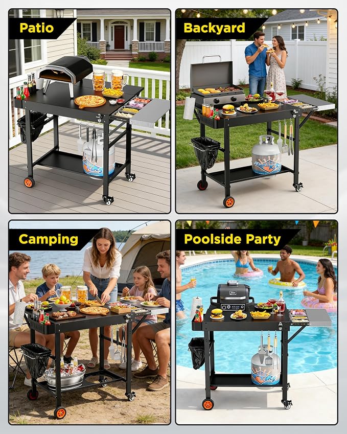 Pizza Oven Table, Grill Table for Ninja Pizza Oven, Pizza Oven Cart Fits Blackstone 17/22 Griddle, Koda 12/16, Cuisinart Gozney, Solo Stove,Outdoor Pizza Oven cart with Sliding Covered Storage Tray