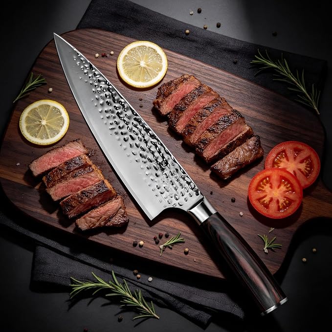 imarku 8 Inch Hammered Japanese Chef Knife,Powder Steel Edge Kitchen Knife | Forged from Japanese HC Stainless Steel,Anti-Stick Blade,Exceptional Hardness of 62±1 HRC,Ideal for Professional Knife Gift