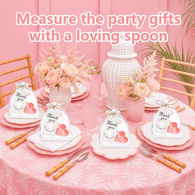 50 Set Heart Measuring Spoons: Wedding Bridal Shower Bulk Favors | Plastic heart measuring spoons with bags and cards. Practical souvenirs for wedding guests and bridal shower favors