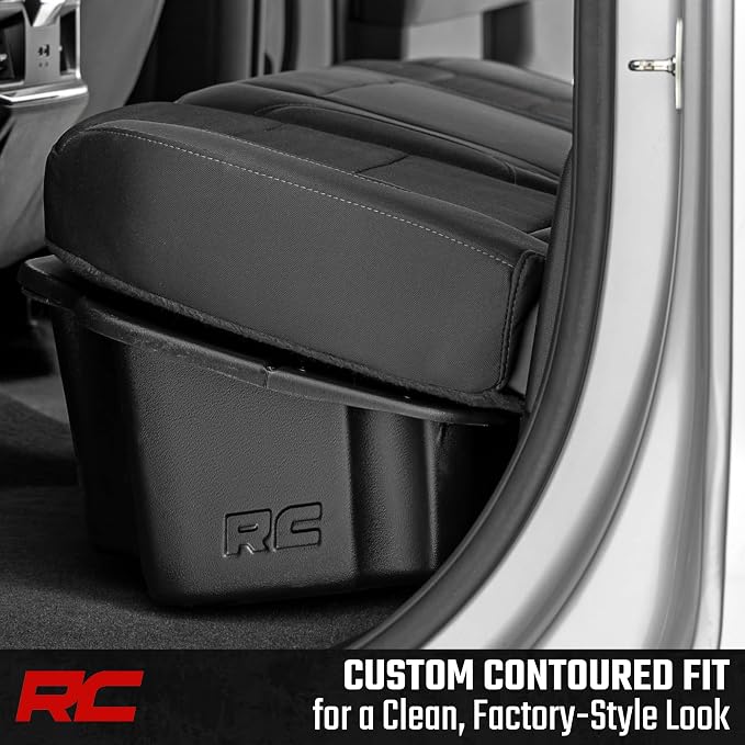 Rough Country Under Seat Storage for Chevy Silverado & GMC Sierra 1500/2500HD/3500HD Double Cab (2019-2026) - Custom Rear Under Seat Organizer Tray with Lockable Lid