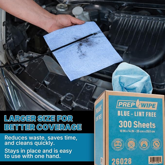 Lauco Prep Wipe Lint-Free Towels – Heavy Duty Nonwoven Cleaning Cloths for Automotive, Industrial & Household Use, Disposable Shop Rags, 300 Pack, 9 x 17 Inch Blue
