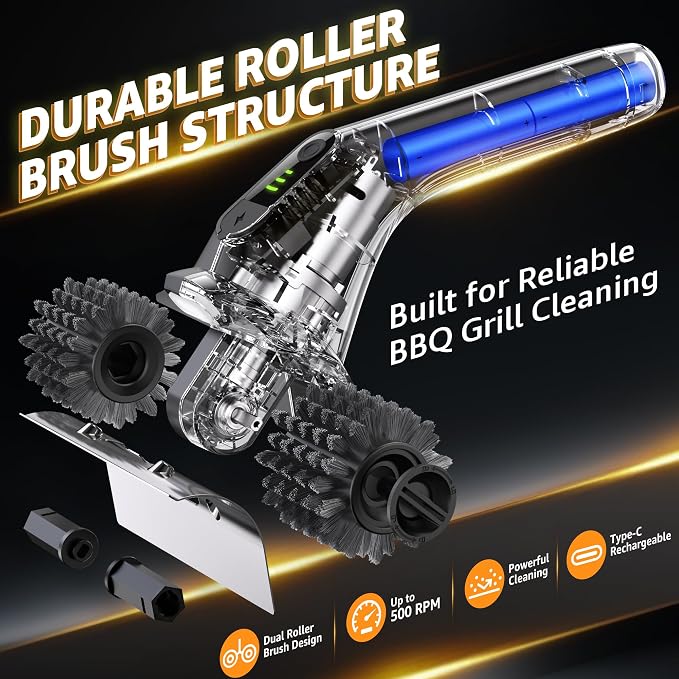 Dual Roller Electric Grill Brush, 22.5kg High Torque BBQ Grill Cleaner with Stainless Steel Bristles, 2-Speed Rechargeable Power Brush for Deep Outdoor Grill Cleaning, IPX5 Waterproof