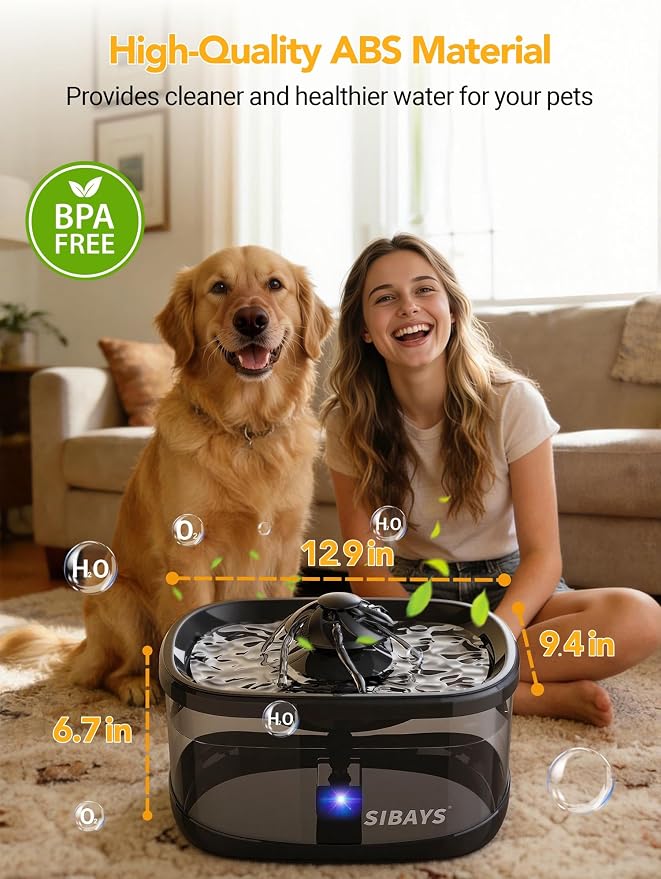 SIBAYS 9.5L/2.5Gal Dog Water Fountain, 3 Flow Modes Automatic Pet Water Fountain with LED Light & Water Shortage Reminder, Ultra Quiet Dog Water Bowl Dispenser for Large Dogs & Multi-Pet (FS82, Black)