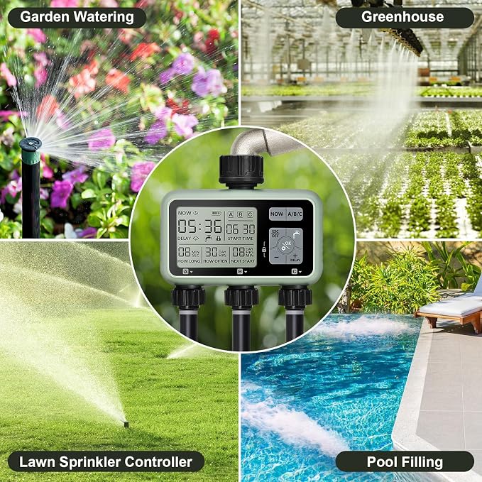 Watering Timer 3 Zone, Sprinkler Timer, Programmable Garden Outdoor Hose Faucet Timer with Rain Delay, Auto & Manual Watering System,Water Hose Irrigation Timers 3 Outlet for Garden Lawn