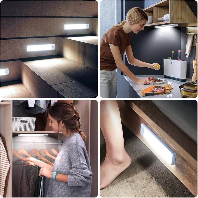 6 Pack Under Cabinet Lighting Wireless, 68 LED Rechargeable Battery Motion Sensor Light Indoor, Stick On Magnetic Closet Lights, Under Counter Lights for Kitchen, Stairs, White 16 in