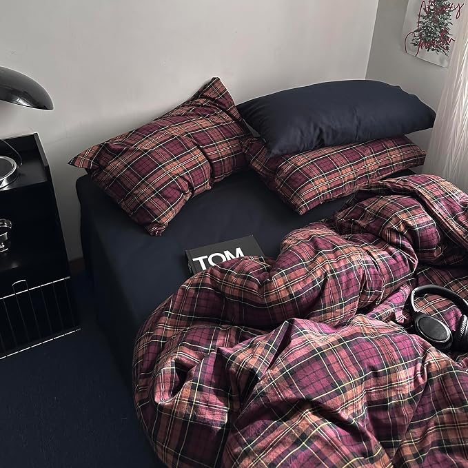 mixinni Vintage Burgundy Buffalo Plaid Comforter Cover Set Queen Size - 3 Piece Mid-Century Modern Washed Cotton Bedding, Soft Breathable Grid Duvet Cover with Matching Pillowcases for All-Season