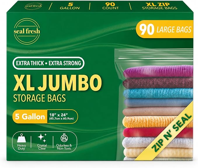 Seal Fresh 5 Gallon Large Plastic Storage Bags – 18" x 24" (90 Count) – Reusable XXL Extra Large Clear Jumbo Zip Bags with Sealable Zipper Top For Clothes, Travel, Moving