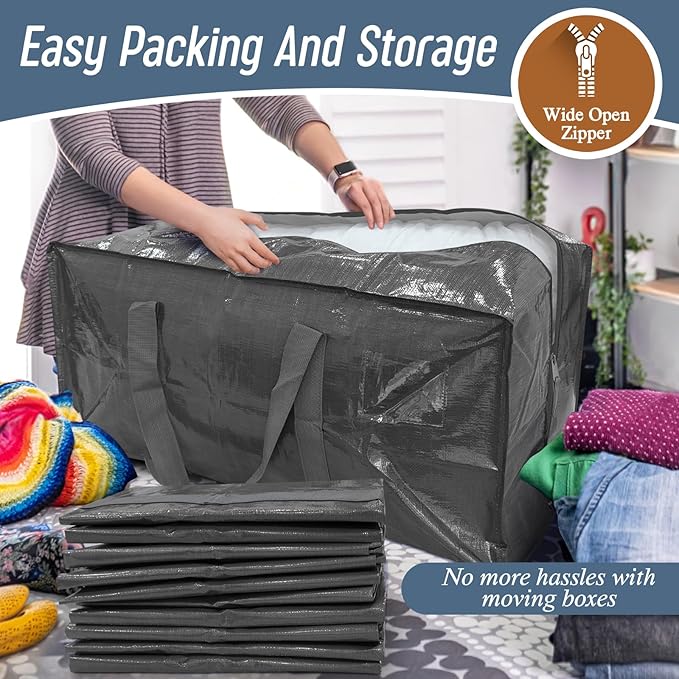 12 Pack Extra Heavy Duty Large Moving Bags with Strong Zipper, Gray | Comfortable Handles, Sturdy & Durable Clothes Storage Bags Totes Bins, Blue Packing Moving Boxes for College Supplies