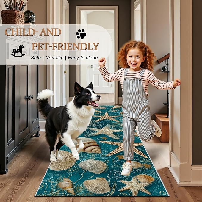 Seashell Starfish Conch Hallway Washable Runner Rug 2x7, Retro Ocean Kitchen Runner Rug Soft Non Slip Low Pile Floor Mat, Peacock Green Carpet for Entryway Corridor Laundry Bedside Rugs