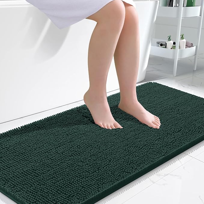 OLANLY Bathroom Runner Rugs 47x24, Soft Absorbent Chenille Bath Rugs, Rubber Backing Quick Dry, Machine Washable Long Bath Mats for Bathroom, Tub and Shower, Home Decor Accessories, Blackish Green