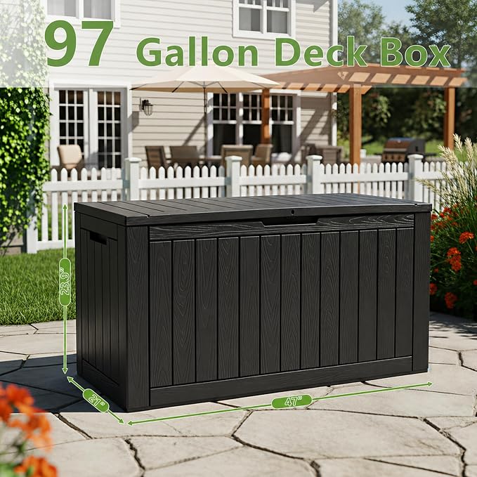 97 Gallon Waterproof Large Resin Deck Box, Lockable Large Outdoor Storage Box Indoor Outdoor Storage Container for Patio Cushions, Gardening Tools, Pool Supplies, Black