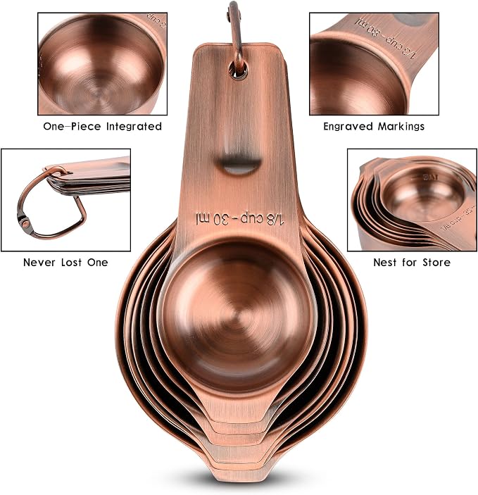 Measuring Cups and Spoons Set, Copper Measuring Cups and Spoons Set for Dry & Liquid, Metric&US 7 Stainless Steel MeasureR Cup&9 Spoon Leveler & Measure Enquivalents for Kitchen & Baking