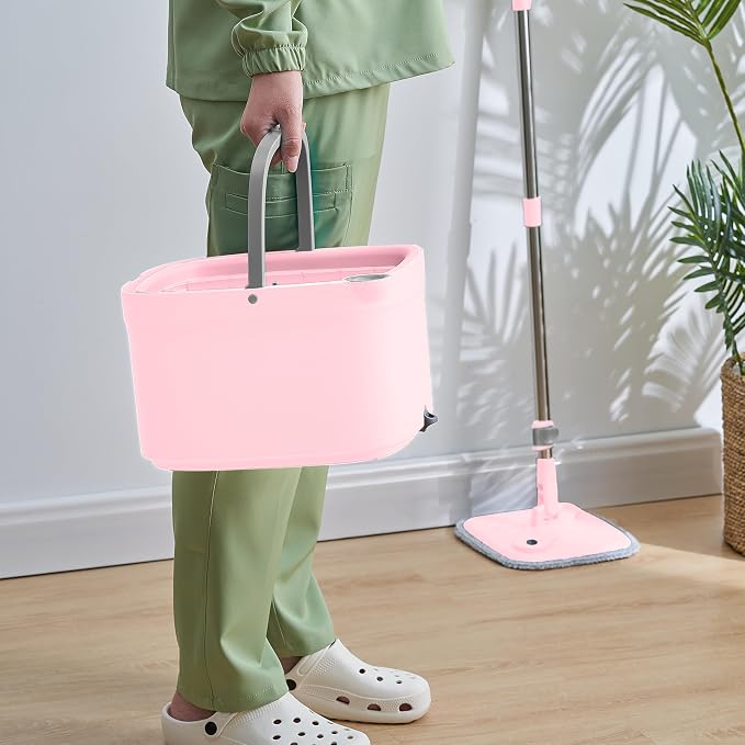 Square Spin Mop & Bucket System, 2pc Machine Washable Pads, Pink