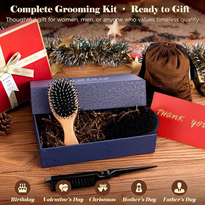 Mini Boar Bristle Hair Brush Since 1965 British Craftsmanship Handmade | Natural Wooden Small Hairbrush, Gentle Detangling Women Men Kids Curly Thick Fine Frizzy Hair, Smoothing Styling Brush