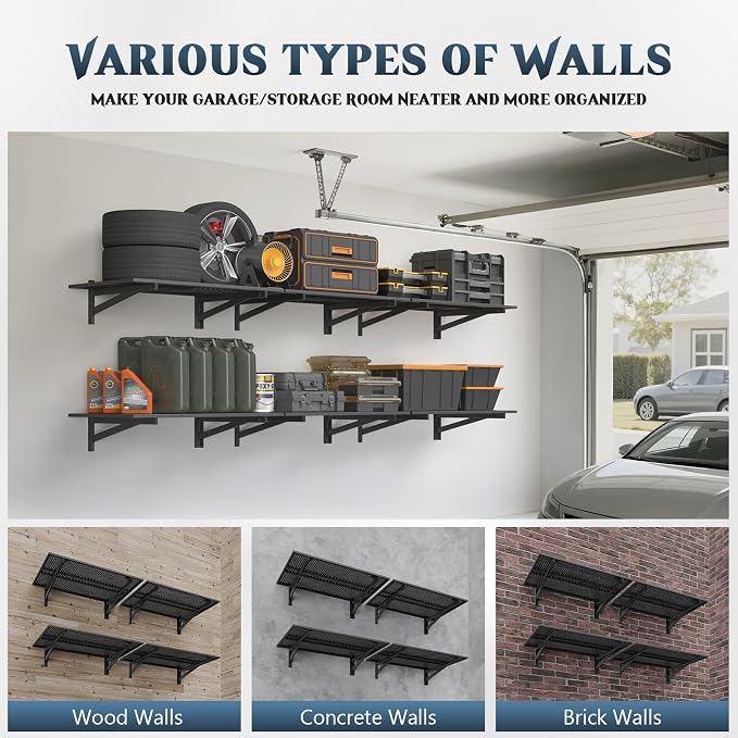Jusgym 4 Pack Heavy Duty Garage Wall Shelving (2x3ft), 1400lbs Capacity Garage Shelving Wall Mounted, 24"x72"Garage Storage Rack Floating Shelves, Black
