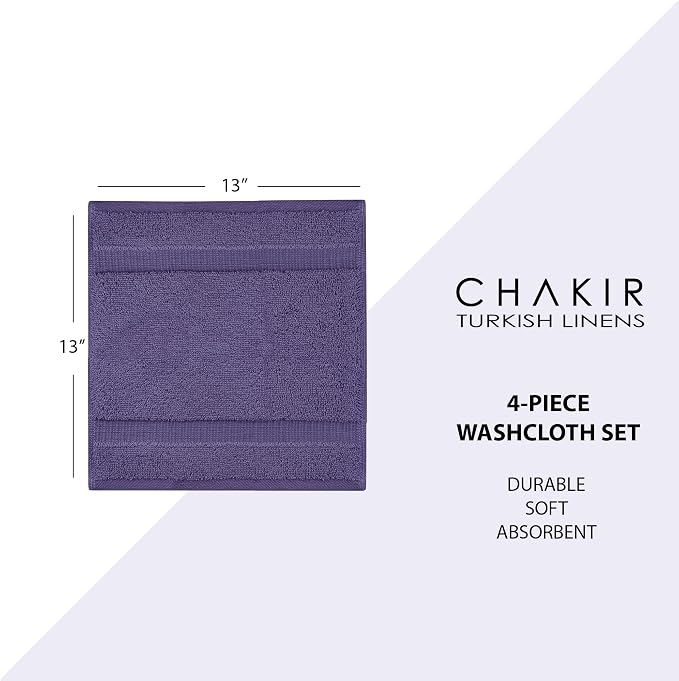 Chakir Turkish Linens 4 Piece Washcloth Set, 100% Cotton Luxury Turkish Washcloths for Bathroom, Soft Absorbent Washcloths, 13 x 13 Inches, Plum