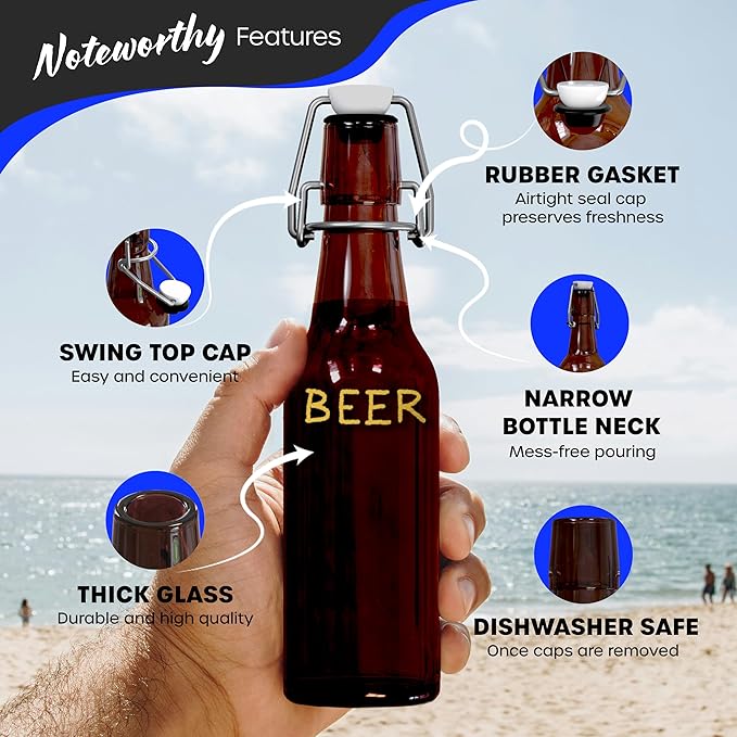 Nevlers 8.5 Oz Amber Swing Top Glass Bottles with Airtight Lid | Small Beer Bottle 12 Pack | Flip Top Glass Bottle Set with Funnel, Brush, Marker, Tags & Shrink Wrap | Homemade Vanilla Extract Bottles
