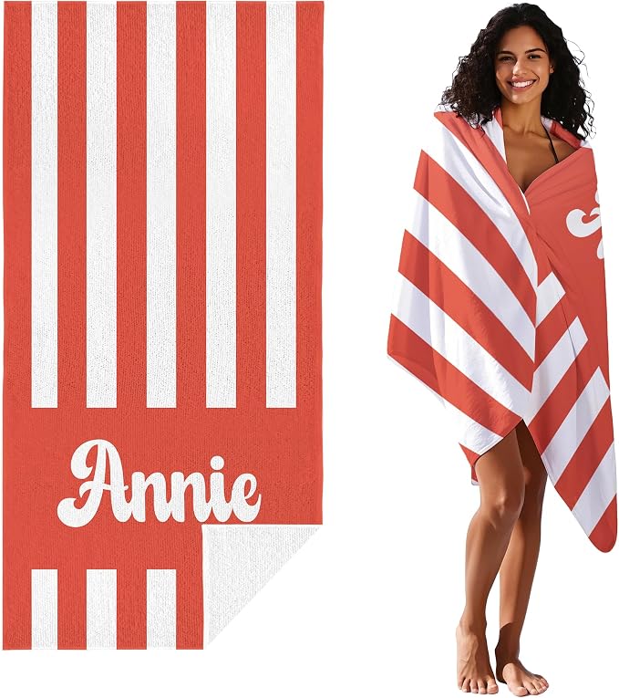 JML Personalized Beach Towel with Name, Custom Cabana Stripe Beach Towel, Customized Microfiber Pool Towel, Quick Dry & Absorbent Swim Towel for Adult,Mother's Day, Birthday, Summer Holiday,Vacation