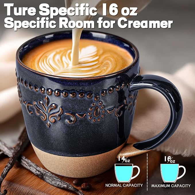 Artena Ceramic Coffee Mugs Set of 4, 16oz Embossed Large Latte Mugs Coffee Cups with Handle for Tea, Latte, Cappuccino & Cocoa, Milk Dishwasher & Microwave Safe, Blue (Multiple Patterns)