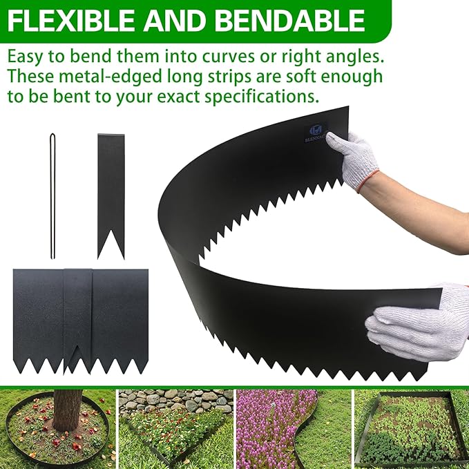 Metal Landscape Edging 6 Pack 40" L x 6" H | 20 FT Galvanized Bendable Metal Garden Edging,Hammer in Steel Landscape Edging with a Pair of Gloves and 7 Clips,Black