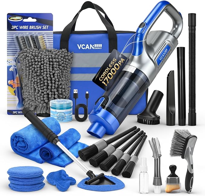 VCANENERGY 29PCS Car Cleaning Kit Interior Detailing for Men Women（Blue） | 17000PA High Power Handheld Cordless Car Vacuum Rechargeable, Detailing Brush Set, Windshield Cleaner Tool, Tire Brush