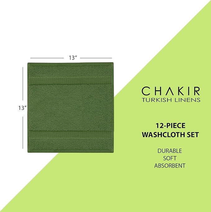 Chakir Turkish Linens 12 Piece Washcloth Set, 100% Cotton Luxury Turkish Washcloths for Bathroom, Soft Absorbent Washcloths, 13 x 13 Inches, Moss