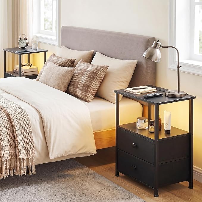 Nightstands Set of 2, LED Night Stand with Charging Station | Bedside Table with Type-C Outlets & 2 Fabric Drawers, End Tables with Storage Shelf for Bedroom, Small Spaces, Black