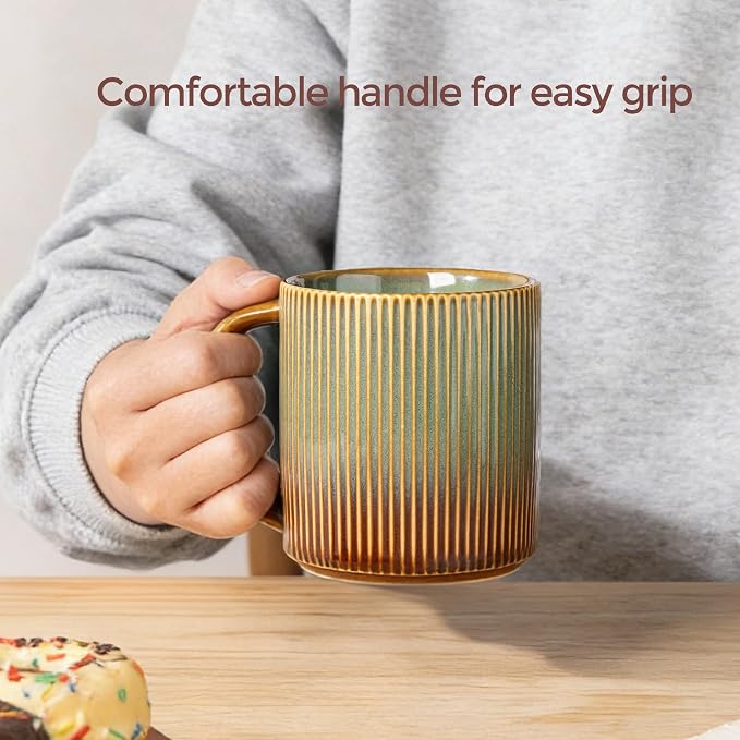 theterra Ceramic Coffee Mugs Set of 6, 14.2oz Handmade Coffee Cups with Handle for Latte, Tea, Milk, Beer, Hot Cocoa, Sage Umber