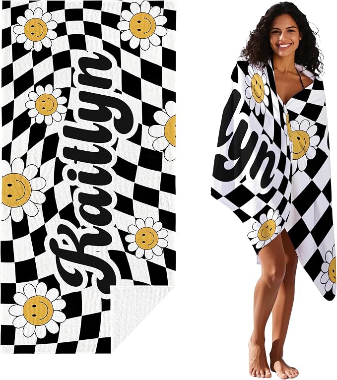 JML Personalized Beach Towel with Name, Custom Flower Beach Towel, Customized Microfiber Pool Towel, Quick Dry & Absorbent Swim Towel for Adult,Mother's Day, Birthday, Summer Holiday,Vacation
