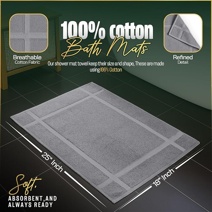 Pearl Linens 100% Ring Spun Cotton Bath Mat (Pack of 6) 18 x 25 Inch, Washable, Soft & Absorbent Terry Bathroom Floor Mat – Not Bathroom Rugs – Quick-Dry After Shower Bath Mat, 781 GSM, Light Grey