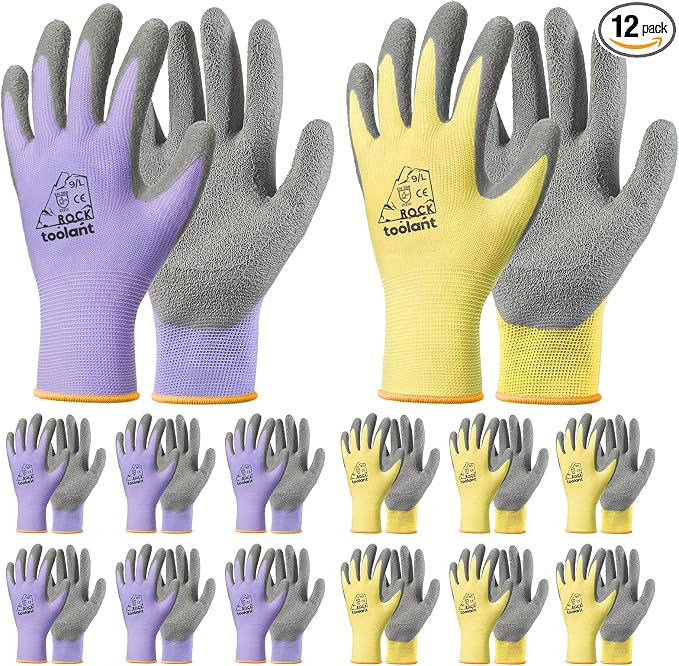 toolant Crinkle Latex Work Gloves Bulk, Rubber Coated Safety Work Gloves for Men and Women, 12 Pairs for Construction, Gardening, Warehouse (Purple & Yellow, Large)