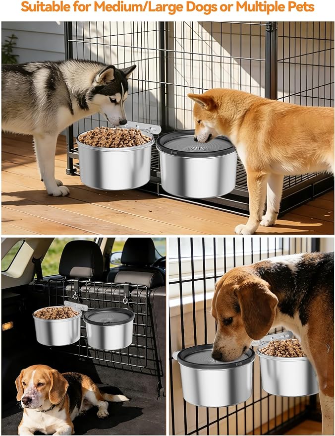 2.5L No Spill Dog Crate Bowl, 2Pcs Stainless Steel Bowls Set | Adjustable Height , Anti-Splash Water & Food Pet Bowl For Cage Kennel, Large Capacity For Medium Large Dogs