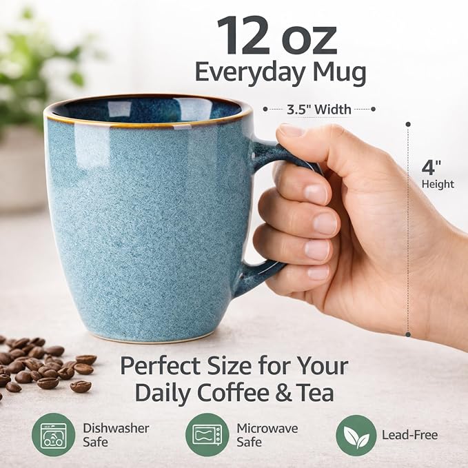GBhome Ceramic Coffee Mugs Set of 6, 12oz Stoneware Coffee Mugs Set For Dad Mom Women MEN, Light Weight Ceramic Coffee Cups for Latte/Tea/Beer/Hot Cocoa, Dishwasher & Microwave Safe