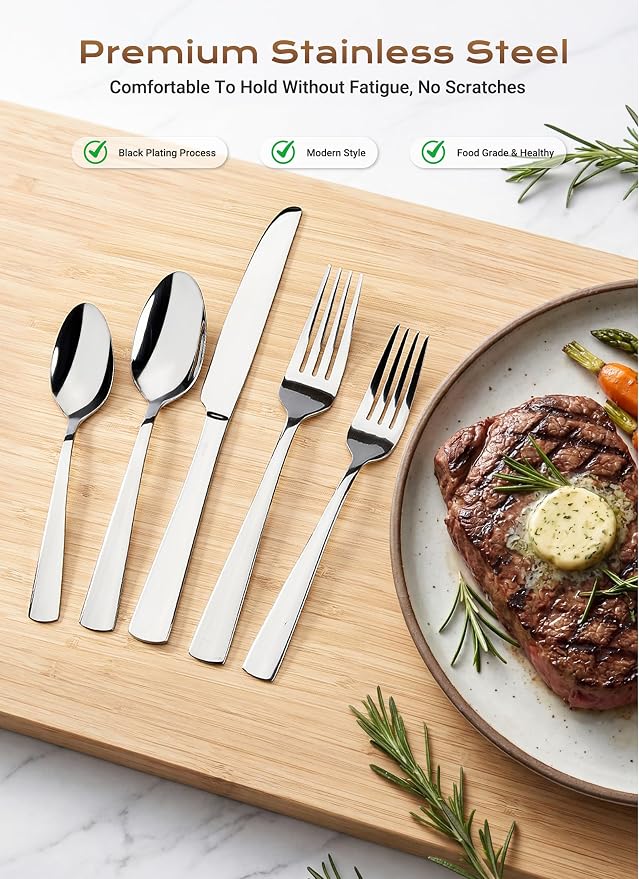 45-Piece Flatware Sets, Silverware Set for 8, Durable Stainless Steel Tableware in Ergonomic Design Size and Weight, Kitchen Utensils Set with Steak Knives, Rust-proof, Dishwasher Safe